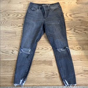 High rise light wash black ripped skinny jeans